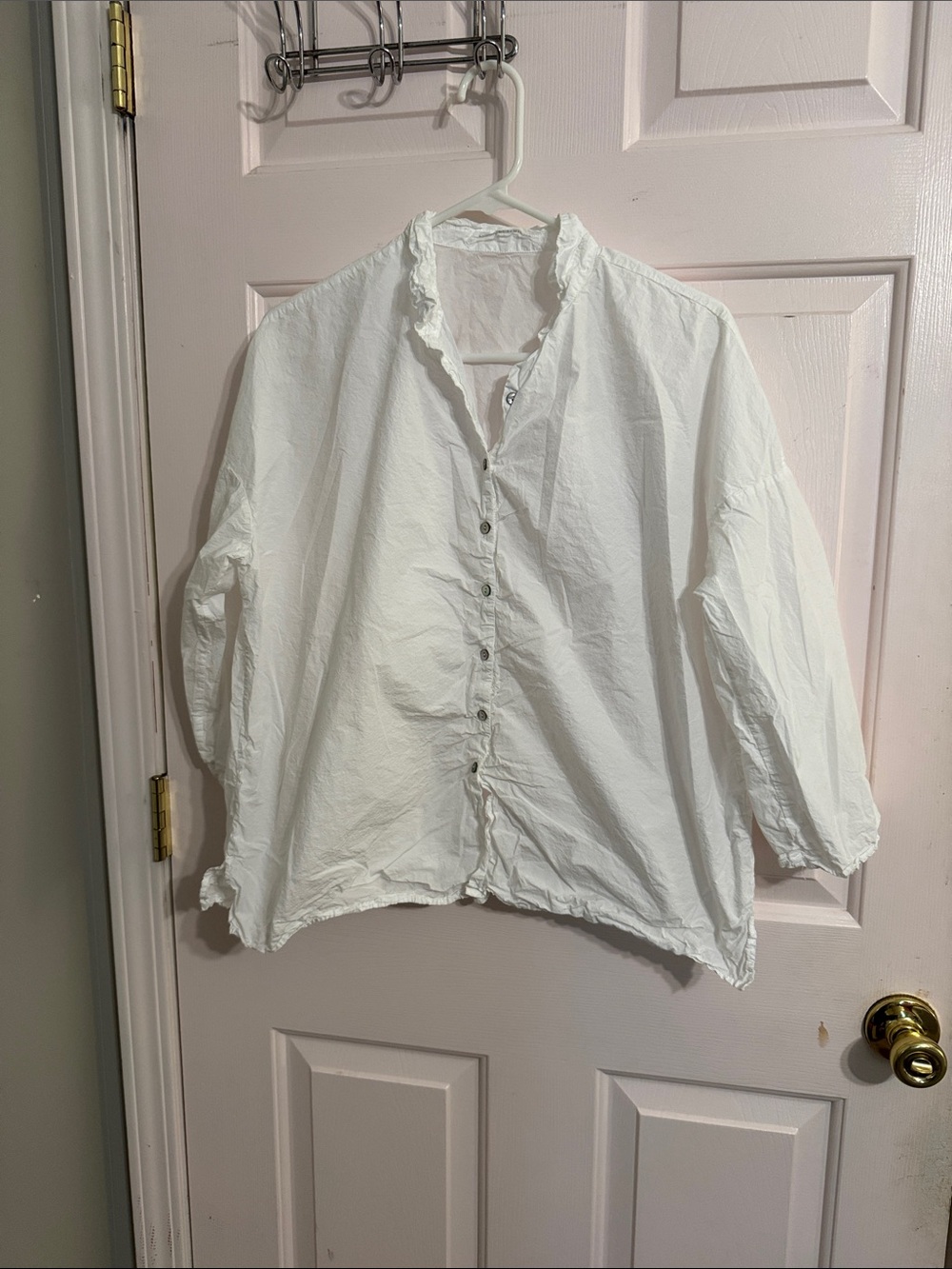 Women's White Ruffle Collar Button-Down Shirt 100% Cotton